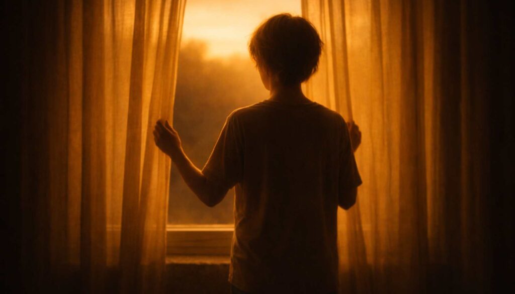 Eine Person steht von hinten am Fenster und blickt in warmes Sonnenuntergangslicht, während sie einen Vorhang leicht zur Seite hält – Symbol für inneres Innehalten und Zurückhalten.