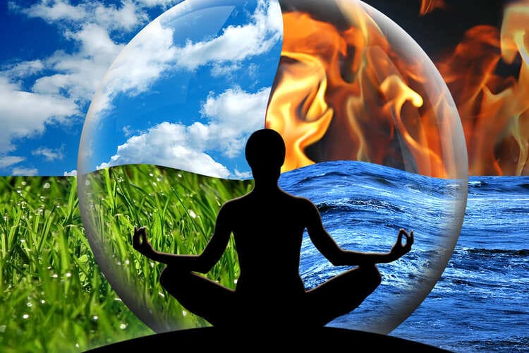 Figur sitz in durchsichtige Blase/ Kugel. Hintergrund 4 Elemente-Feuer-Luft/ Himmel-Erde/Wiese-Wasser/Meer