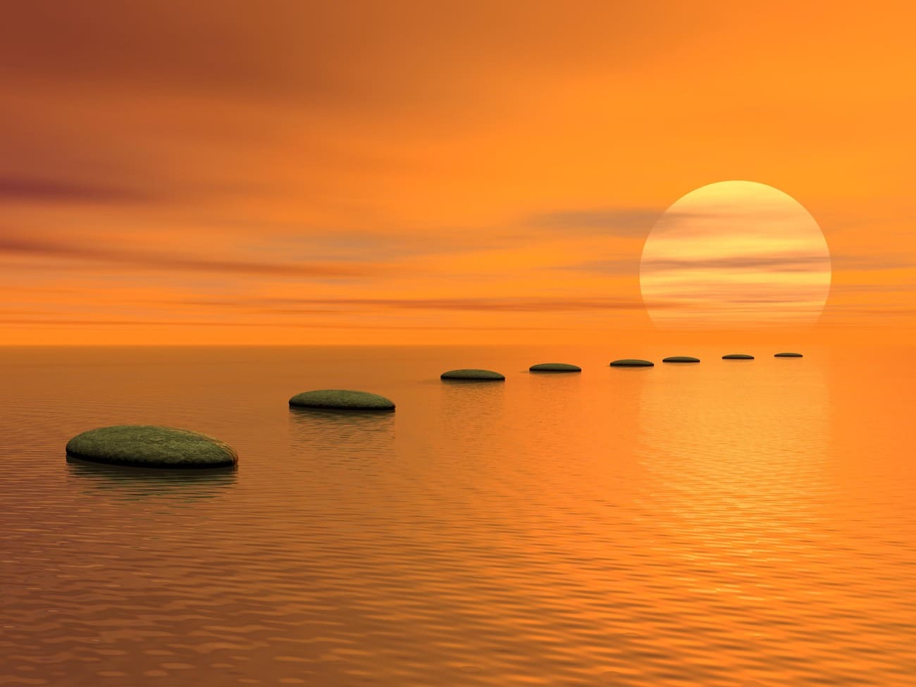 Sonnenuntergang, Steine im Wasser