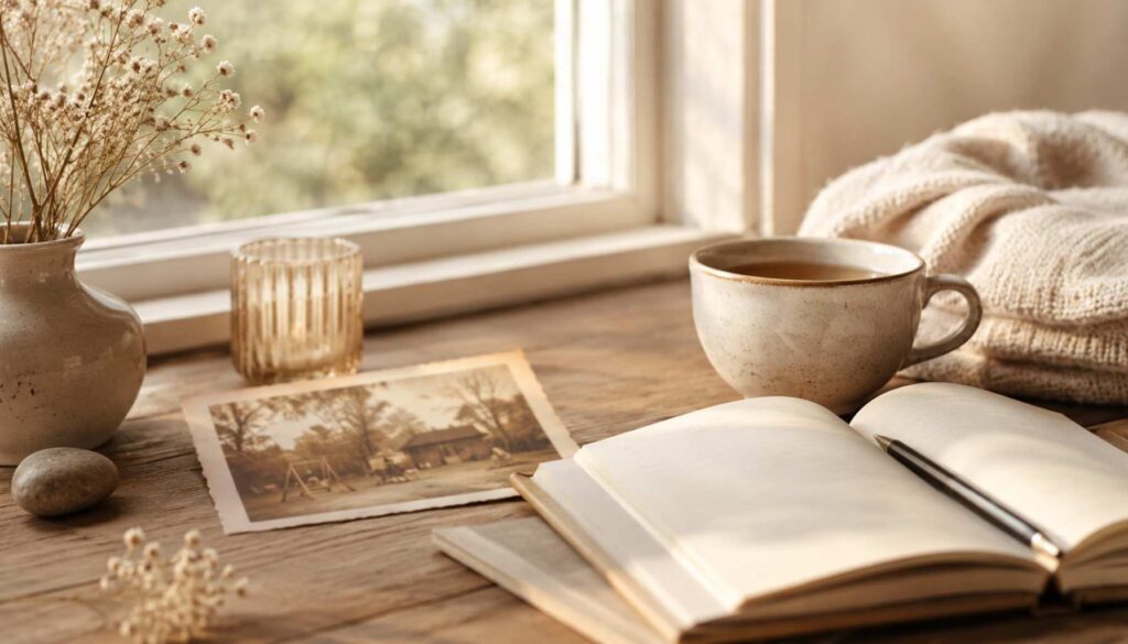 Kindheitstrauma aufarbeiten: altes Foto, Notizbuch und Tasse Tee im warmen Fensterlicht