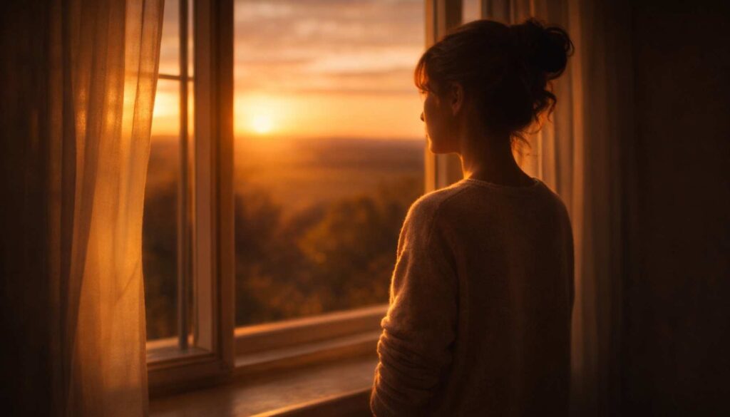 Frau blickt im warmen Abendlicht aus dem Fenster – Symbol für innere Reflexion und das Erkennen wiederkehrender Muster statt „schlechtem Karma“