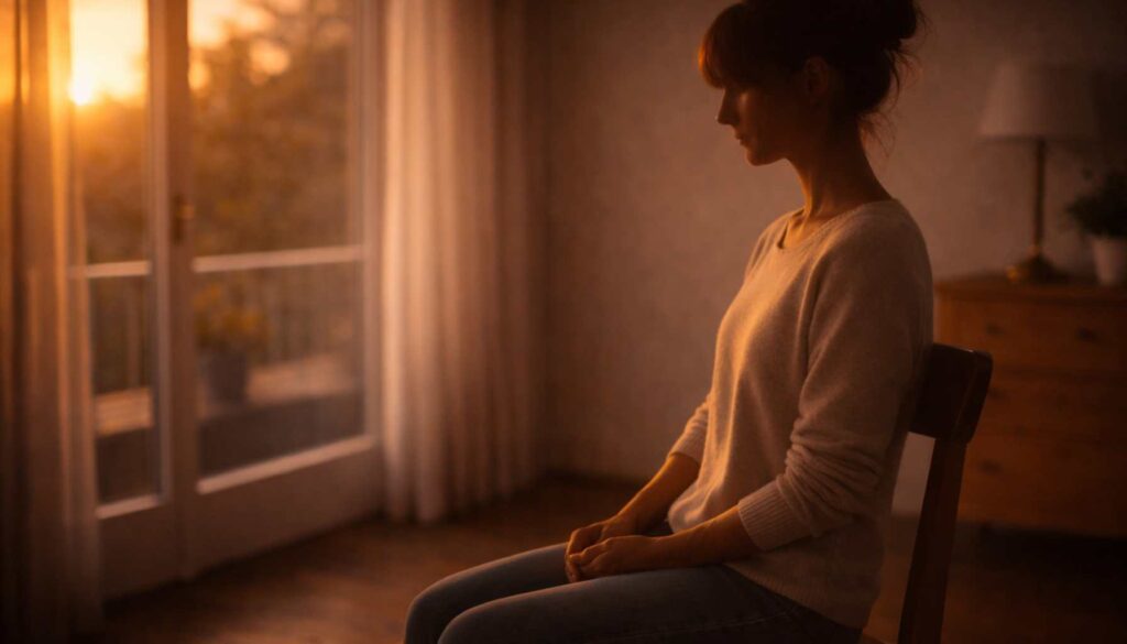 Frau sitzt ruhig im Abendlicht am Fenster und blickt nachdenklich nach unten – inneres Grübeln und Schuldgefühle ohne klaren Grund