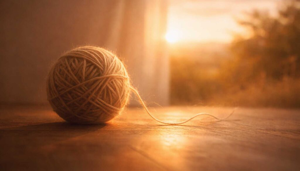 Knäuel aus goldenem Garn im warmen Sonnenlicht, ein einzelner Faden führt ins Licht – Symbol für karmische Muster und wiederkehrende Lebensschleifen.