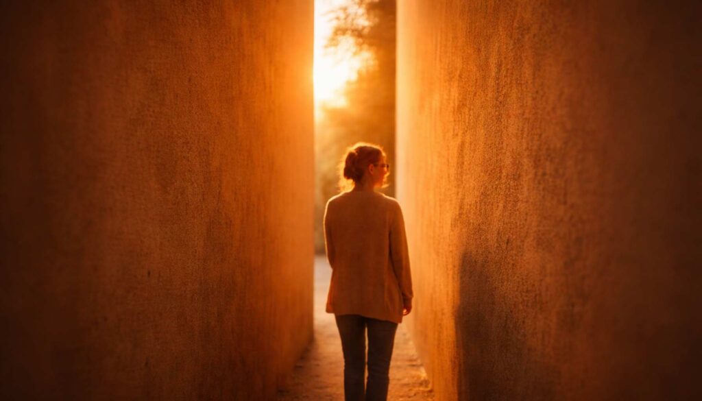 Frau geht durch einen schmalen, warm beleuchteten Gang auf ein helles Licht zu – Symbol für den Weg zurück zu sich selbst.