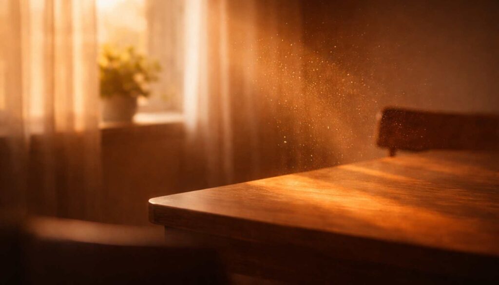 Warmes Fensterlicht fällt in einen ruhigen Raum und macht feine Staubpartikel in der Luft sichtbar – stille Atmosphäre, die innere Wahrnehmung und emotionale Blockaden symbolisiert.