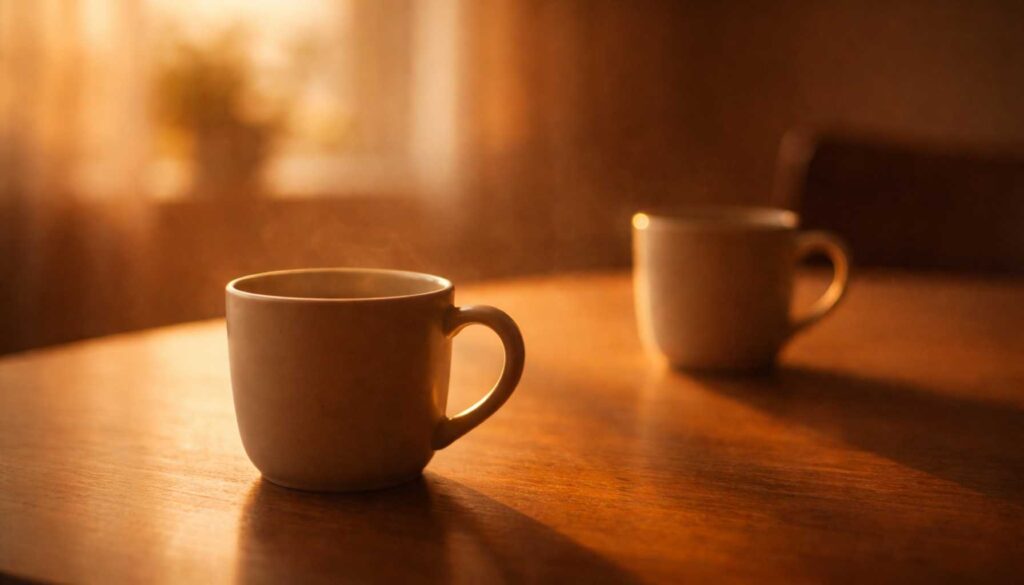 Zwei Keramiktassen stehen auf einem Holztisch im warmen Abendlicht. Eine Tasse ist im Vordergrund scharf, die zweite im Hintergrund unscharf – Sinnbild für Nähe und emotionale Abhängigkeit.