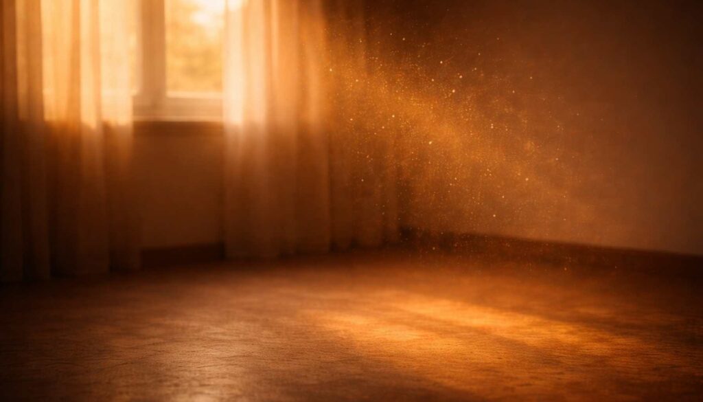 Warmer Lichteinfall durch ein Fenster in einen leeren Raum, Staubpartikel schweben im Licht und erzeugen eine ruhige, stille Atmosphäre.