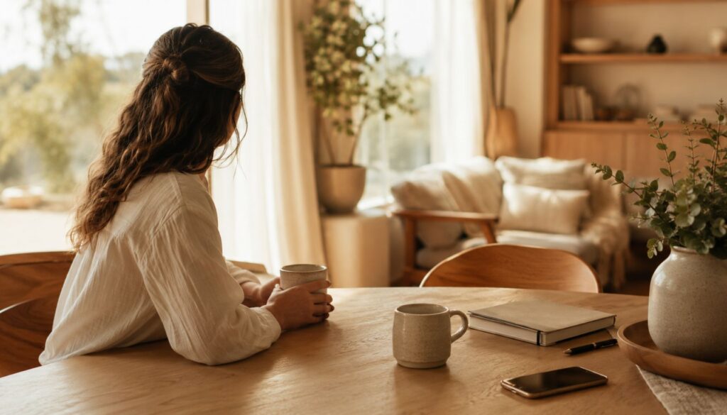 Person sitzt allein an einem Tisch mit zwei Kaffeetassen und blickt nachdenklich aus dem Fenster – sinnbildlich dafür, sich in einer Beziehung selbst zu verlieren.