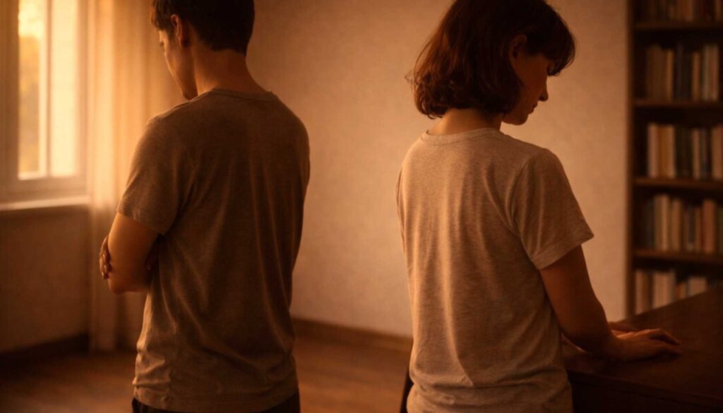 Zwei Menschen stehen in einem warmen, abendlichen Raum Rücken an Rücken, leicht voneinander abgewandt. Die Szene wirkt ruhig und angespannt zugleich und spiegelt emotionale Distanz in einer Beziehung.