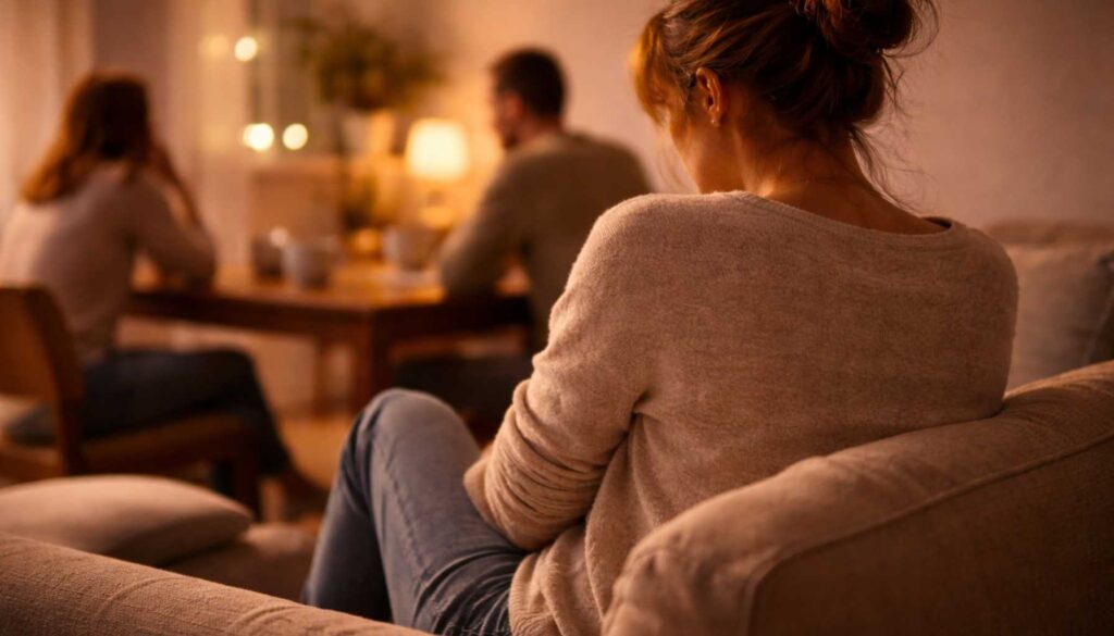 Frau sitzt ruhig im Vordergrund, während im Hintergrund Menschen sprechen – Moment innerer Überforderung durch zu viele Reize