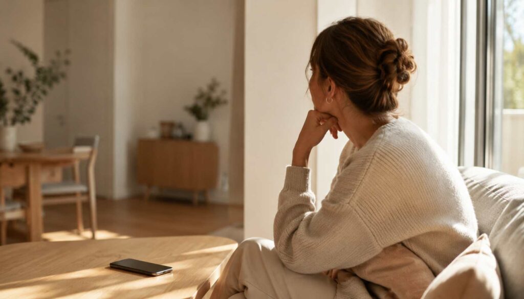 Frau sitzt nachdenklich am Fenster, während ihr Smartphone auf dem Tisch liegt. Das Bild steht für emotionale Unabhängigkeit und einen stabileren Selbstwert.