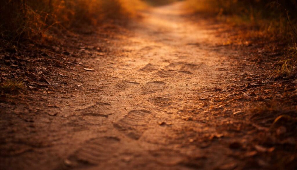 Ein schmaler, erdiger Weg mit sichtbaren Fußspuren im warmen Licht – Sinnbild für wiederkehrende innere Muster und früh gelernte Lebenswege.