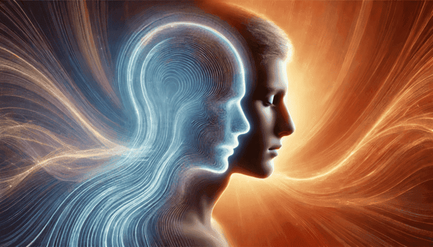 Eine nachdenkliche Person mit geschlossenen Augen, umgeben von sanften Lichtwellen, die die Balance zwischen Kopf und Herz symbolisieren. Die Farben in warmem Rot-Orange und sanftem Blau unterstreichen die innere Reflexion und das Zusammenspiel von Logik und Intuition.