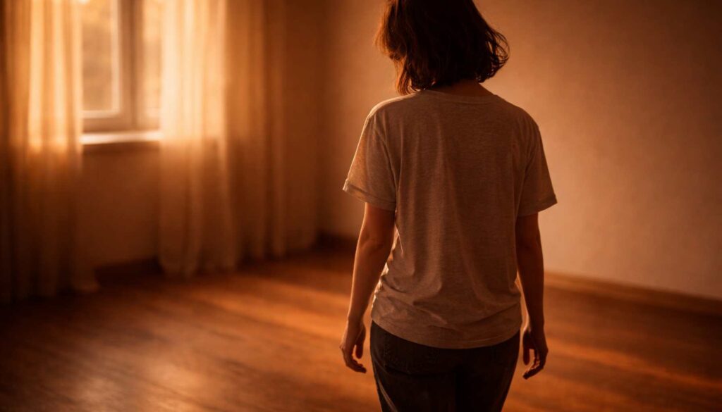 Person steht allein in einem warm beleuchteten Raum und blickt zum Fenster – Moment der inneren Orientierung zwischen Denken und Fühlen.