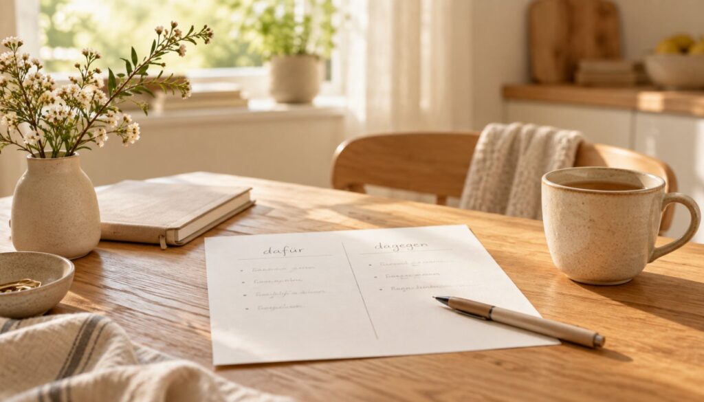 Blatt mit Dafür-und-Dagegen-Liste liegt auf einem hellen Holztisch neben einer Tasse
