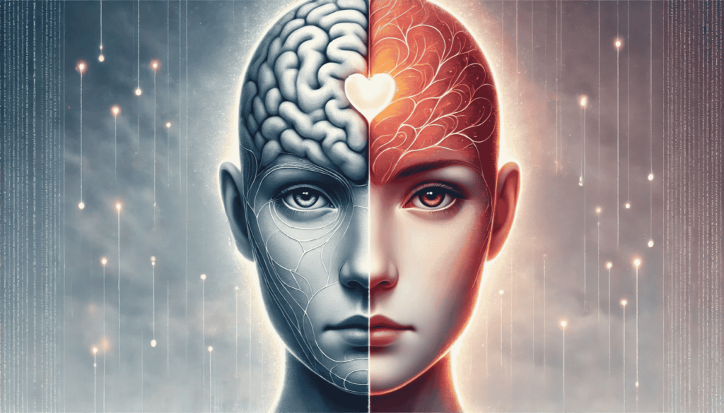 Symbolische Darstellung eines gespaltenen Gesichts: Links ein Kopf mit mechanischen, rationalen Elementen, rechts ein Herz mit warmen, emotionalen Farben. Visualisiert den Gegensatz zwischen Kopf- und Herzmenschen und ihre unterschiedlichen Ausdrucksweisen von Gefühlen. Kopfmensch keinen Empathie
