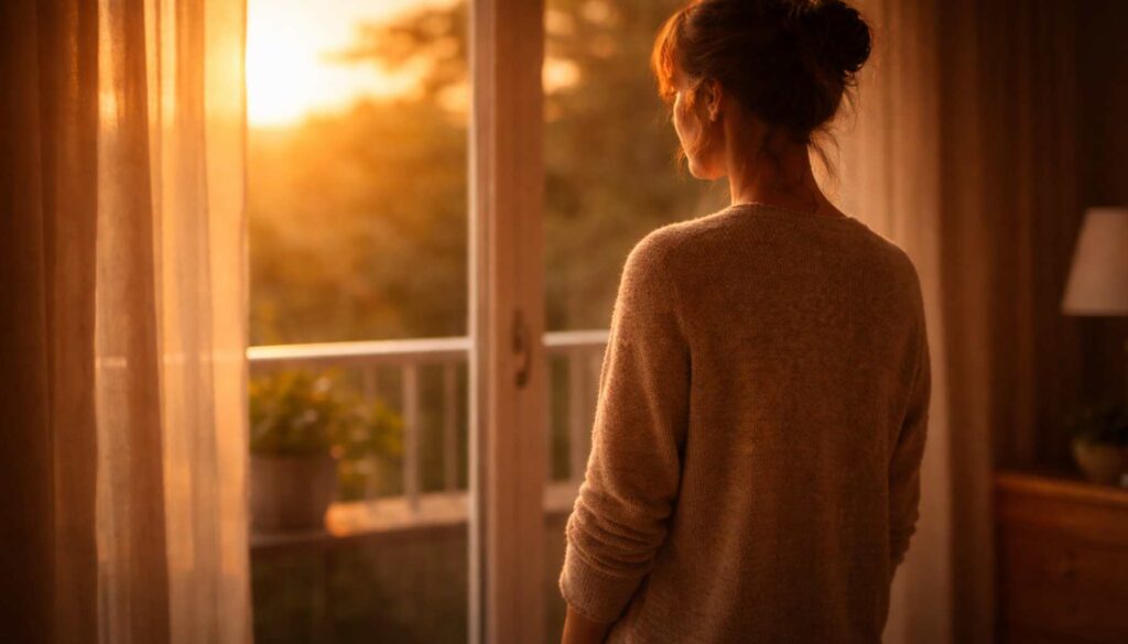 Frau steht am Fenster im warmen Abendlicht und blickt ruhig nach draußen – Moment der inneren Reflexion und Distanz