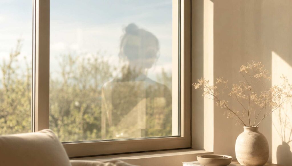 Unscharfe Spiegelung einer Frau im Fenster als Symbol für Verkopftsein und das Gefühl hinter Glas zu sein
