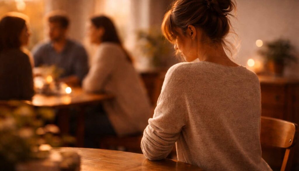 Frau sitzt nachdenklich am Tisch, während andere im Hintergrund sprechen – Symbol für Angst vor Ablehnung und inneren Rückzug.