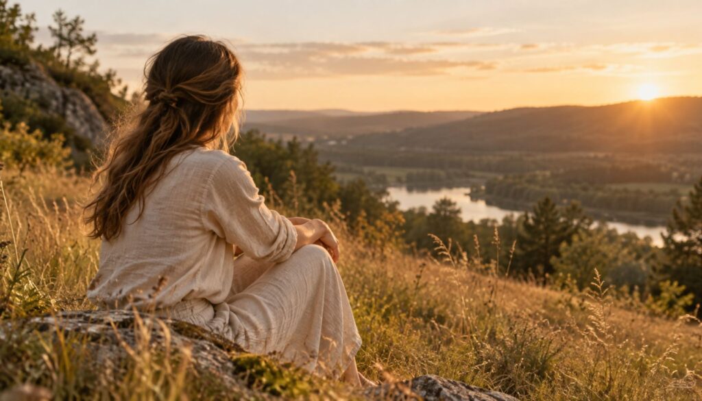 Frau sitzt in einer natürlichen Landschaft im warmen Abendlicht und blickt in die Ferne