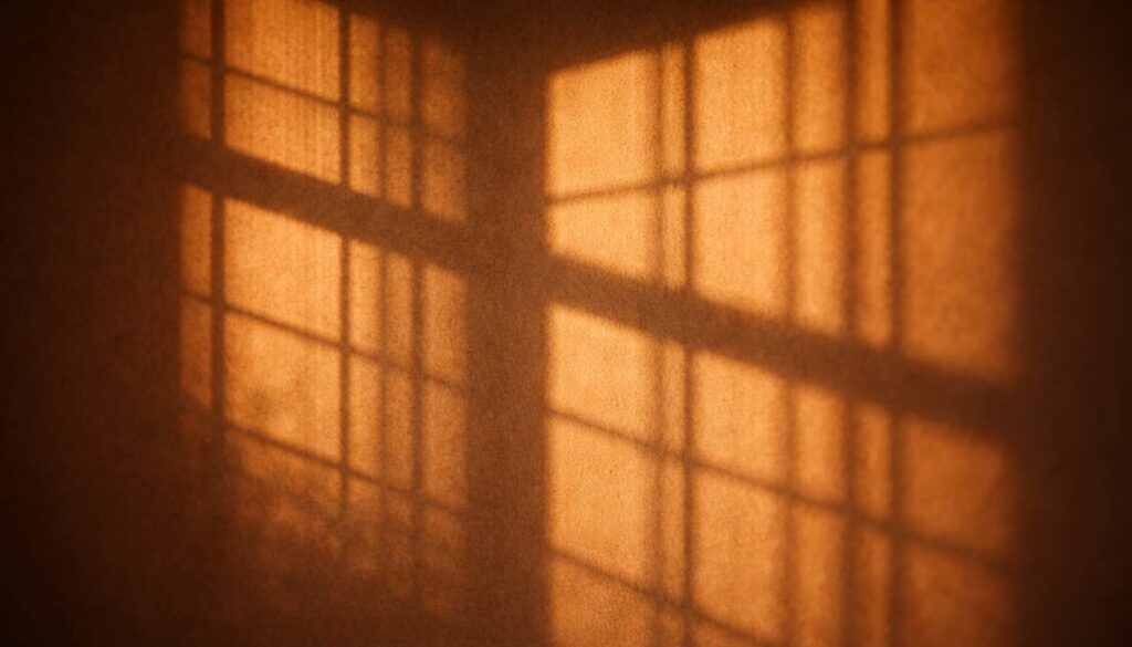 Warmes Licht wirft Fensterschatten an eine Wand – Sinnbild für unbewusste innere Muster und Glaubenssätze.