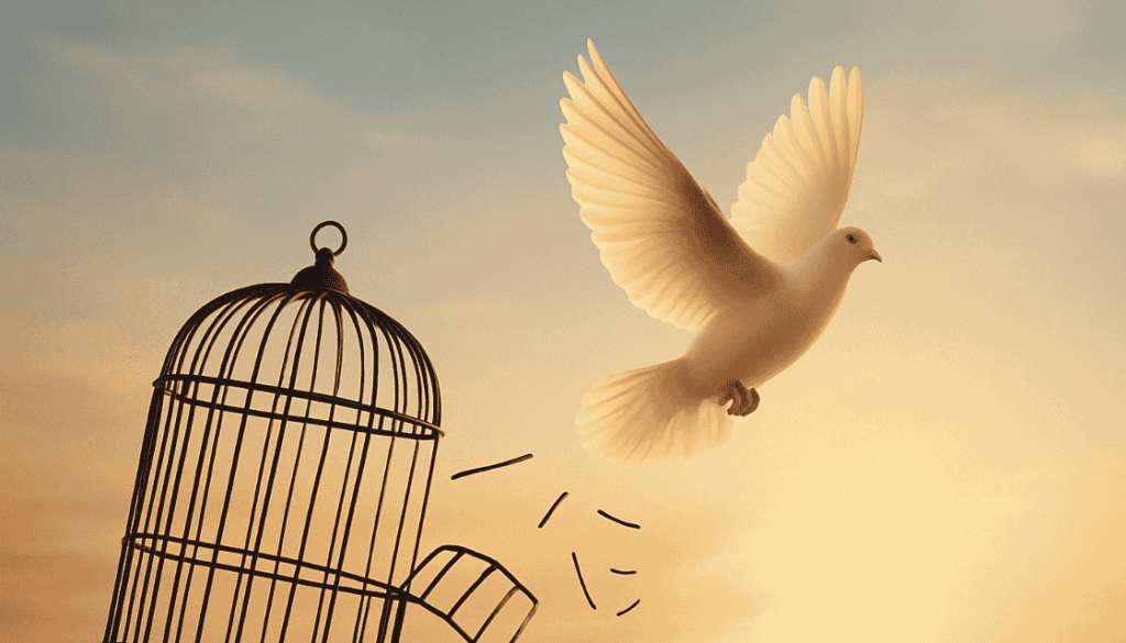 Weiße Taube fliegt in goldenes Licht, während ein geöffneter, zerbrochener Käfig im Hintergrund sichtbar wird – Symbol für Befreiung von alten Glaubenssätzen.