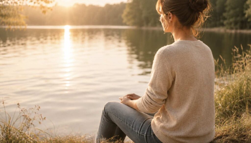 Frau sitzt am See im warmen Abendlicht und blickt ruhig über das Wasser