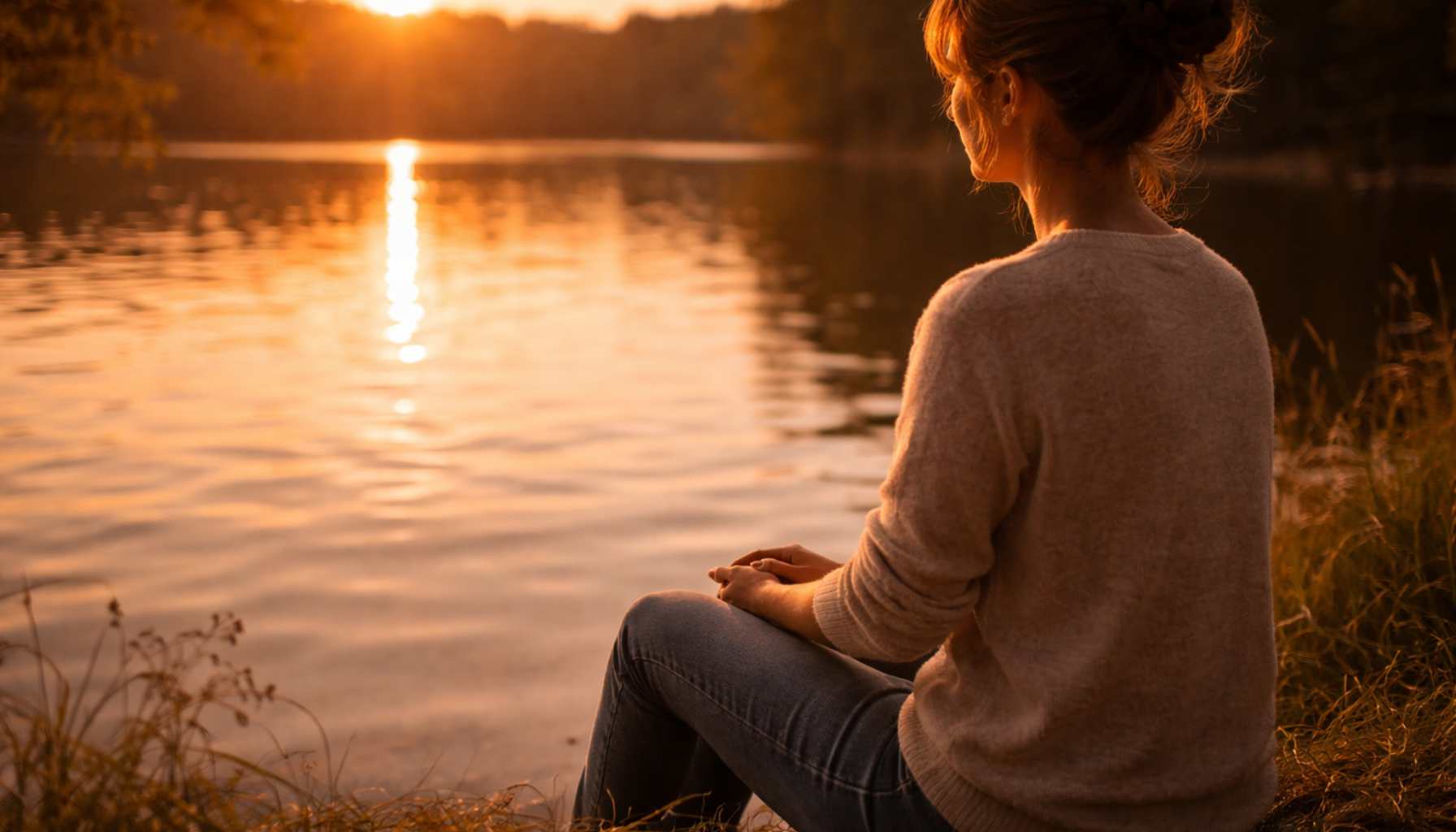 Frau sitzt im Sonnenuntergang am See und blickt in die Weite – Symbol für karmische Hexe, intuitive Wahrnehmung und archetypische Resonanz bei feinfühligen Menschen.