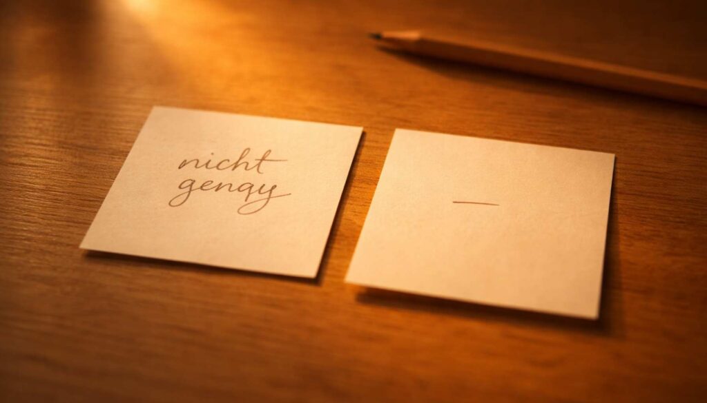 Zwei Notizzettel auf einem Holztisch im warmen Abendlicht, auf einem steht „nicht genug“, daneben ein leerer Zettel mit Strich.