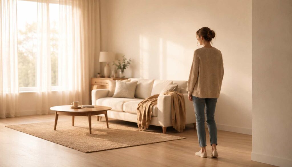 Frau steht nachdenklich in einem warm beleuchteten Raum mit Abstand zum Sofa – Symbol für inneren Selbstverlust und emotionale Distanz
