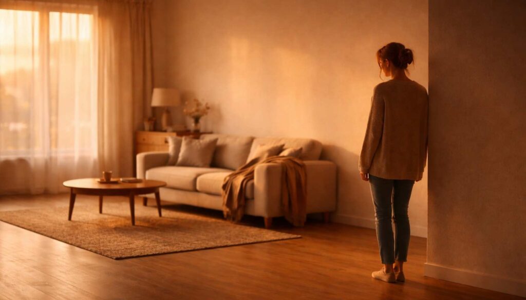 Frau steht nachdenklich in einem warm beleuchteten Raum mit Abstand zum Sofa – Symbol für inneren Selbstverlust und emotionale Distanz