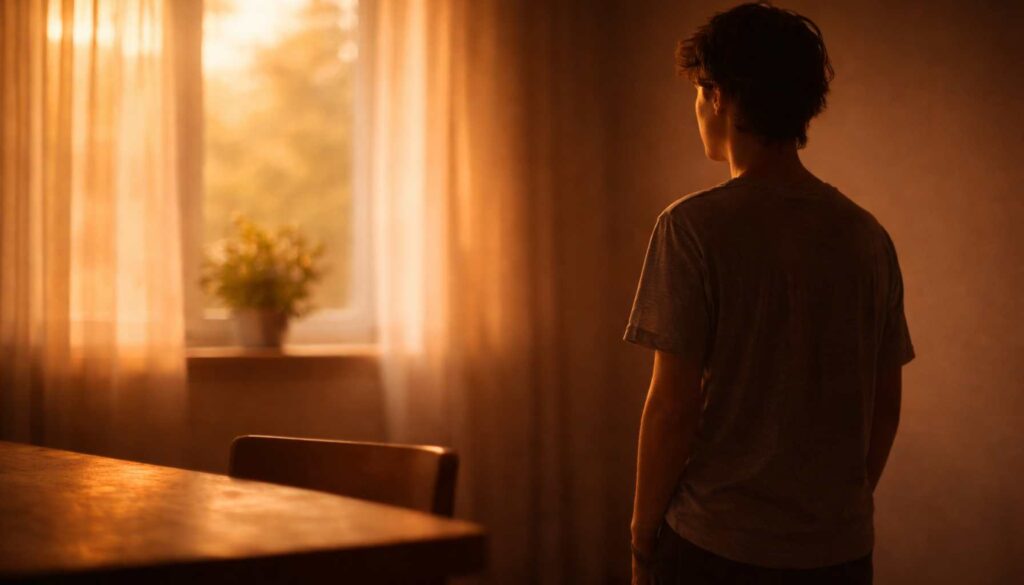 Person steht am Rand eines Raumes im warmen Abendlicht – Sinnbild für Selbstaufgabe und sich selbst zurücknehmen