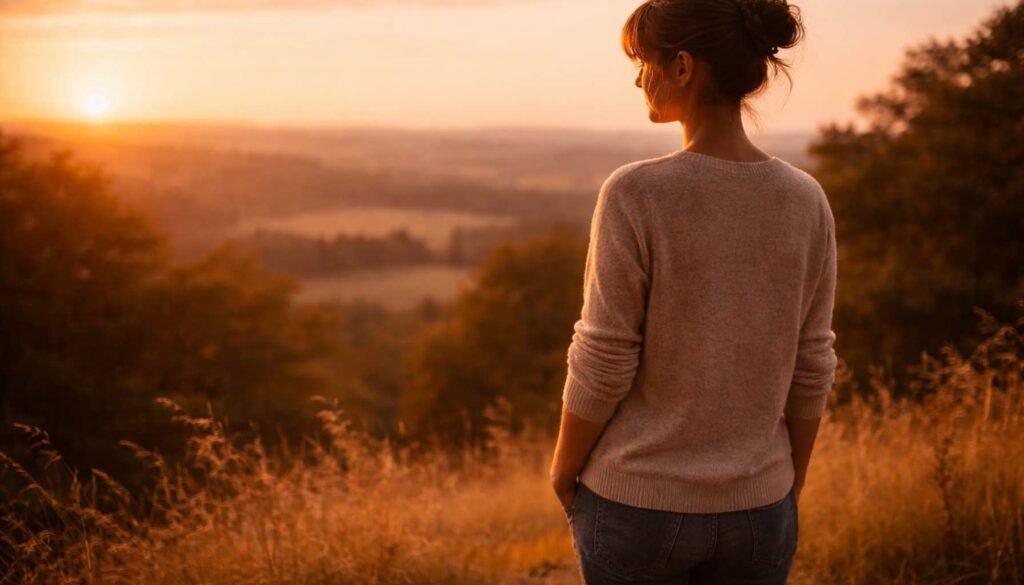 Frau im warmen Sonnenuntergang blickt in die Weite – Symbol für Hellsinne, feine Wahrnehmung und innere Intuition bei hochsensiblen Menschen.