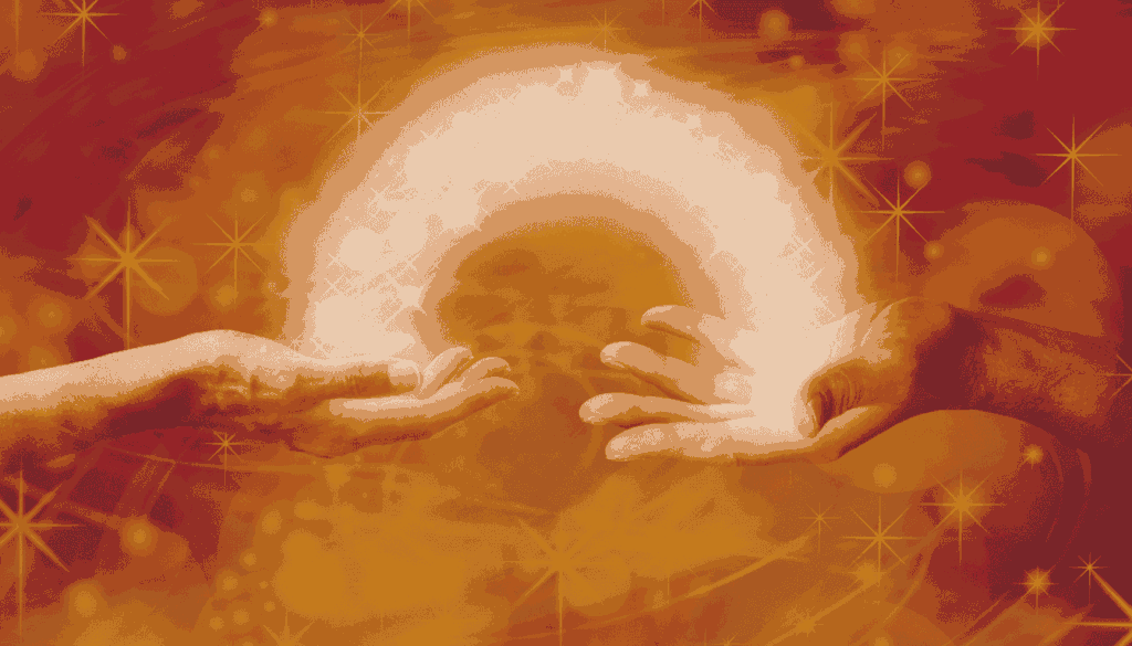 Zwei Hände, zwischen denen sich ein leuchtender Energiestrom aufspannt – Symbol für spirituelle Verbindung, intuitive Wahrnehmung und feinstofflichen Austausch. Energieübertragung zwischen zwei Händen – Darstellung spiritueller Wahrnehmung und Hellsinne wie Hellfühlen, Hellsehen oder intuitives Empfangen.