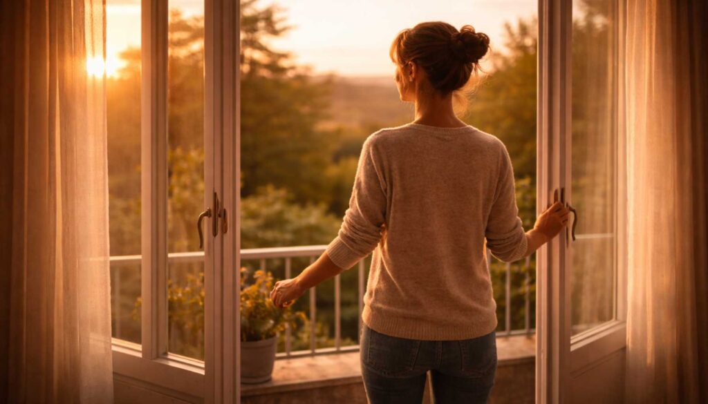 Frau steht am offenen Fenster im warmen Abendlicht und blickt ruhig nach draußen – Sinnbild für innere Abgrenzung und bewusste Wahrnehmung