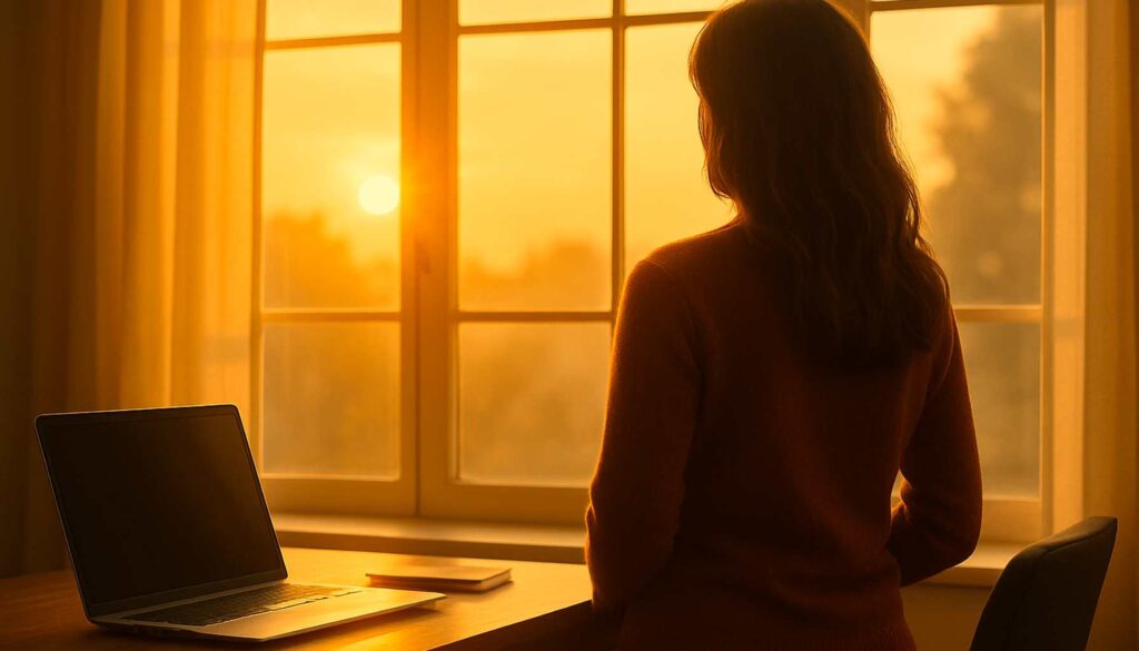Frau steht nachdenklich am Fenster im Büro, das Sonnenlicht fällt kraftvoll auf sie – Symbol für fehlende Wertschätzung im Job und innere Selbstreflexion.