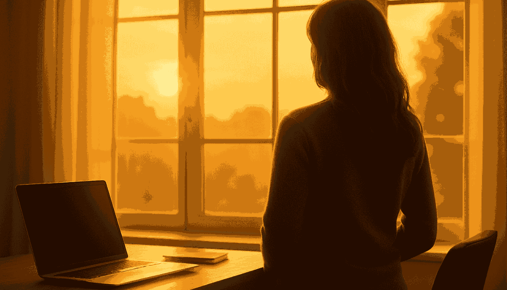 Frau steht nachdenklich am Fenster im Büro, das Sonnenlicht fällt kraftvoll auf sie – Symbol für fehlende Wertschätzung im Job und innere Selbstreflexion.