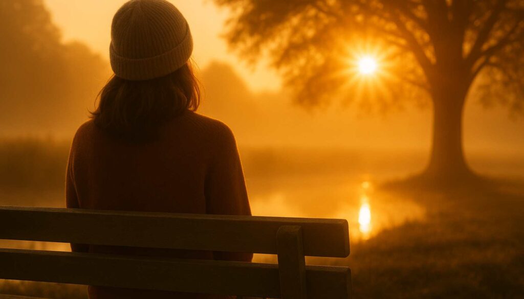 Eine Frau sitzt still auf einer Bank im warmen Morgenlicht – der Blick ins Leere. Dieses Bild steht sinnbildlich für stille Erschöpfung, emotionale Überforderung und das Gefühl fehlender Wertschätzung.
