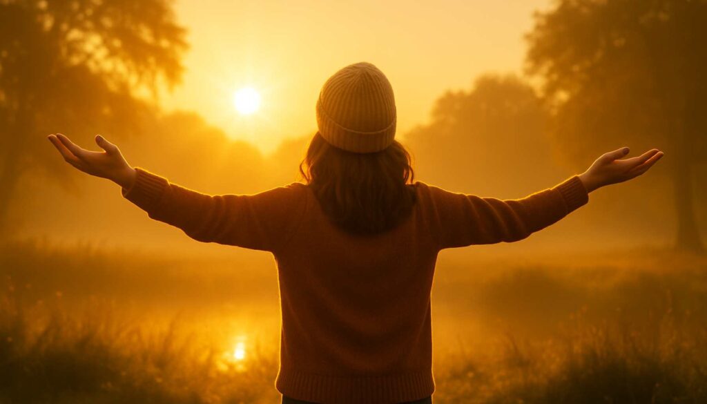 Frau mit ausgebreiteten Armen im Sonnenlicht – Symbol für energetische Ausrichtung und innere Befreiung