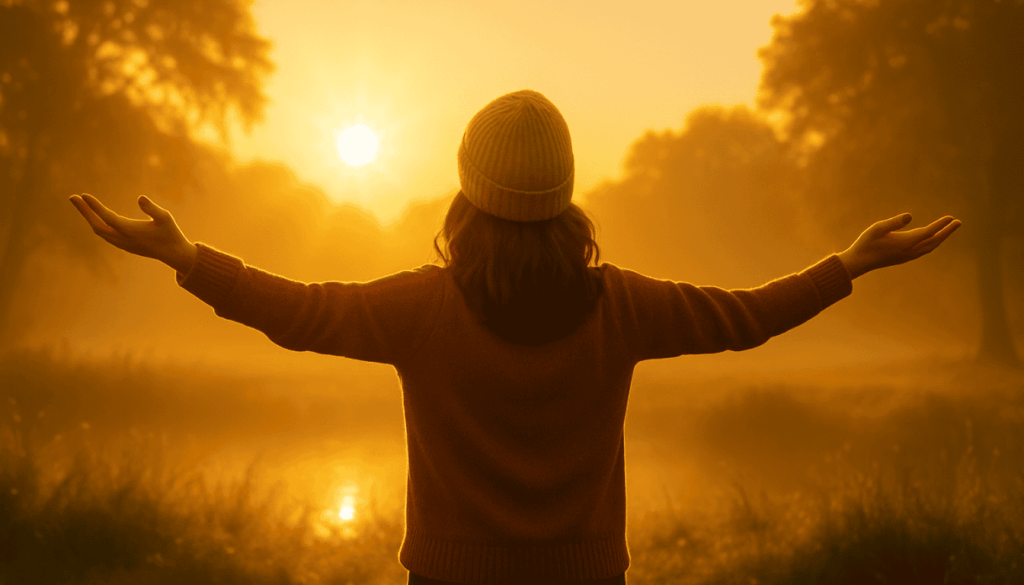 Frau mit ausgebreiteten Armen im Sonnenlicht – Symbol für energetische Ausrichtung und innere Befreiung