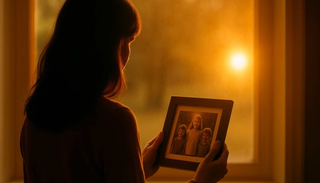 Frau blickt auf ein Kinderfoto mit drei Geschwistern – Symbol für familiäre Rollenbilder und Selbstbildprägung durch die Geschwisterreihenfolge