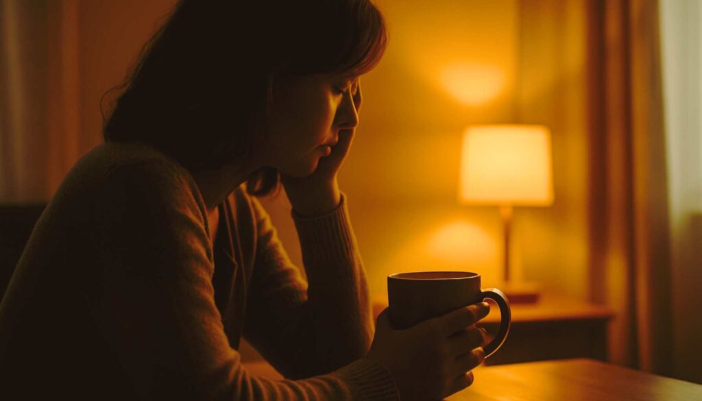 Frau sitzt erschöpft am Tisch mit einer Tasse in den Händen, warmes Sonnenlicht fällt durchs Fenster – Symbol für Müdigkeit und stille Erschöpfung.