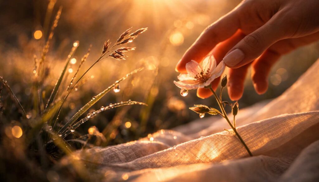 Hand berührt sanft eine Pflanze im warmen Abendlicht, Moment achtsamer Wahrnehmung und innerer Rückkehr zu sich selbst