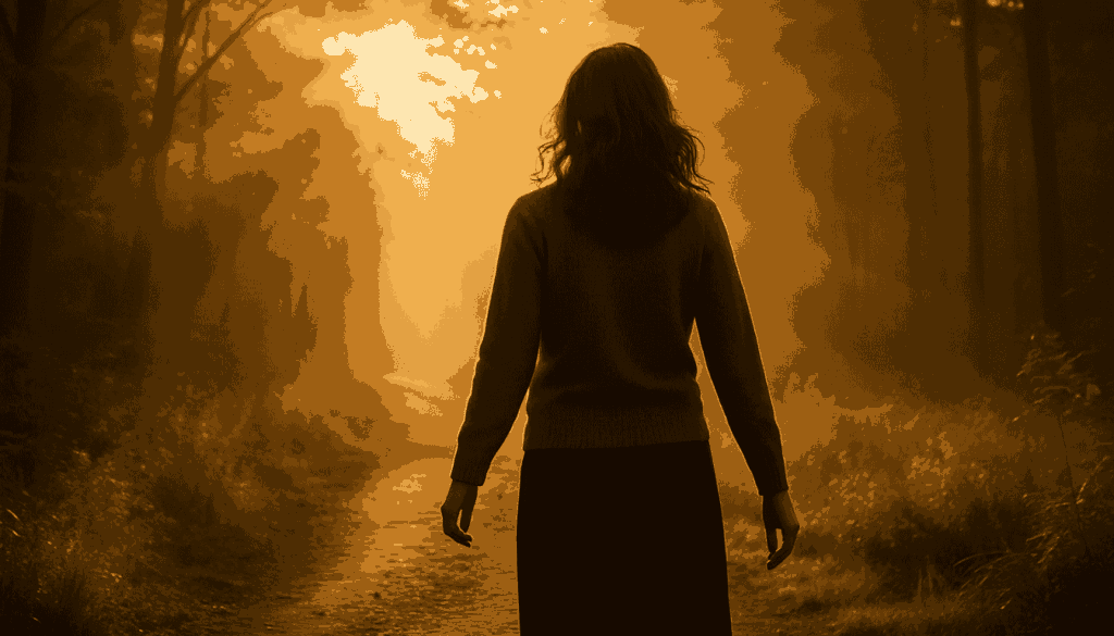 Frau geht einen sonnendurchfluteten Waldweg entlang – Symbolbild für Aufbruch und inneren Neuanfang