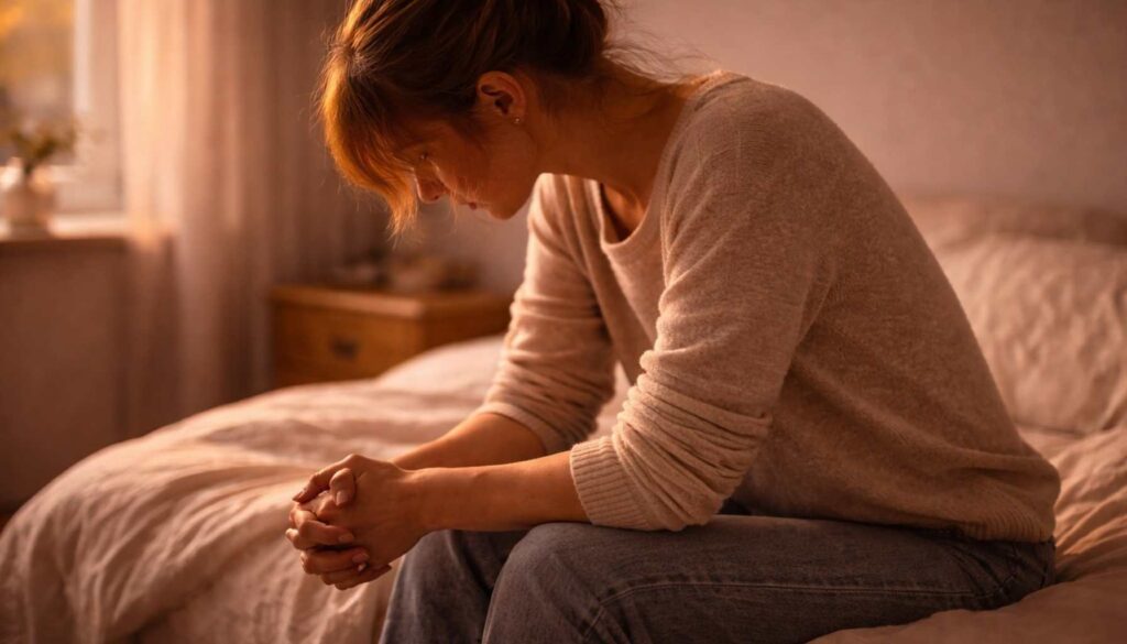 Frau sitzt erschöpft auf dem Bett im warmen Abendlicht, nach vorne gebeugt in stiller Reizüberflutung