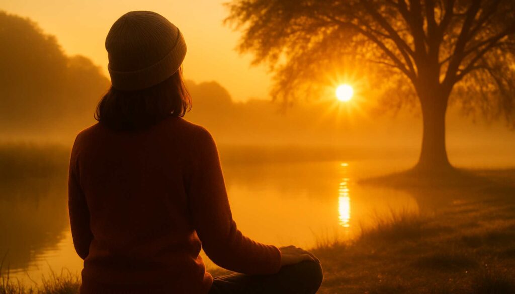 Frau sitzt am See im Sonnenaufgang – warmes goldenes Licht, das Ruhe und innere Klarheit ausstrahlt.