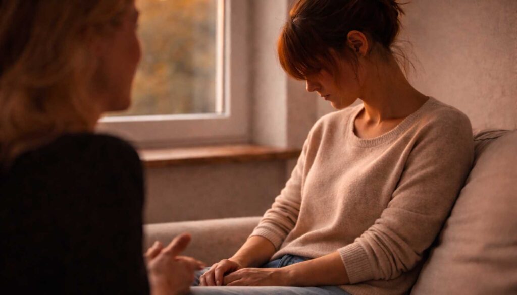 Person sitzt im Gespräch und wirkt innerlich zurückgezogen und angespannt