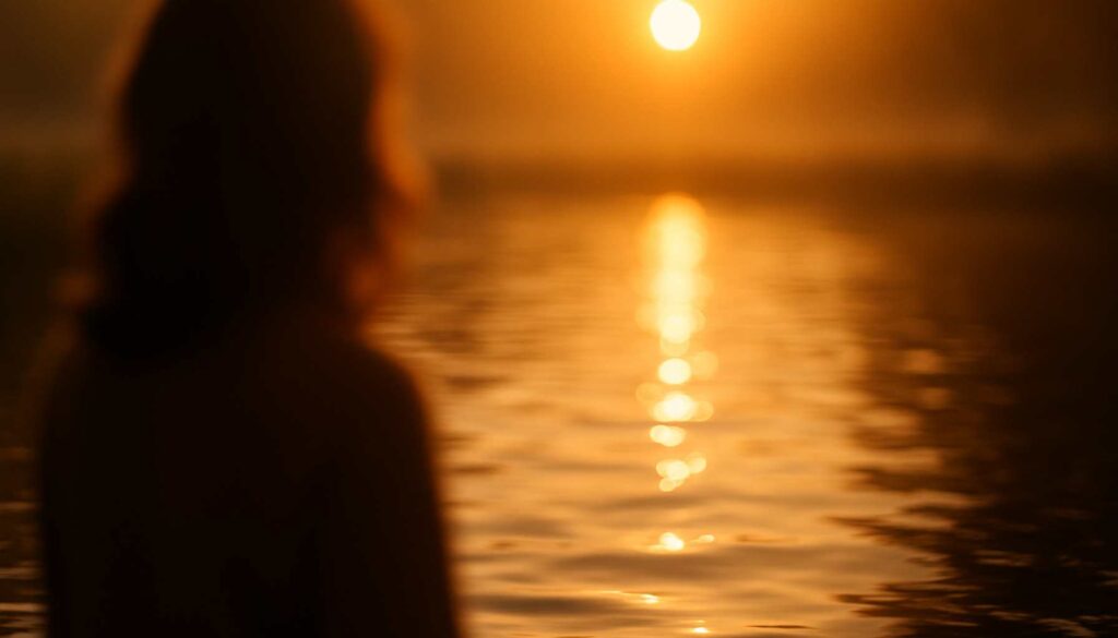 Silhouette einer Frau am Wasser bei Sonnenaufgang, der Blick ins Licht gerichtet – Symbol für innere Ruhe, Klarheit und Abstand im Umgang mit schwierigen Menschen
