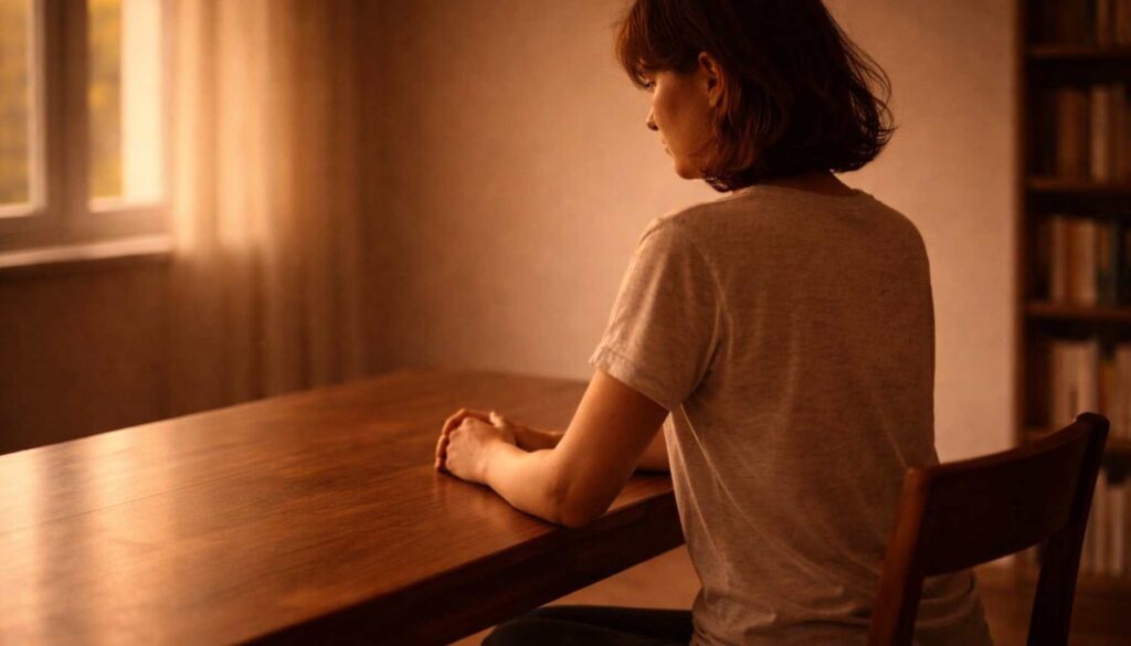 Kopfmensch sitzt nachdenklich allein am Tisch und sortiert innerlich seine Gedanken