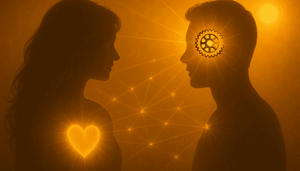 Silhouette von Frau und Mann in goldener Lichtatmosphäre – sie mit leuchtendem Herz im Brustbereich, er mit Zahnrad-Symbol im Kopf, verbunden durch strahlende Linien.